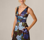 Garden Floral Printed V Neck Mikado Gown In Brown Multi 3