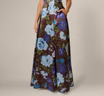 Garden Floral Printed V Neck Mikado Gown In Brown Multi 4