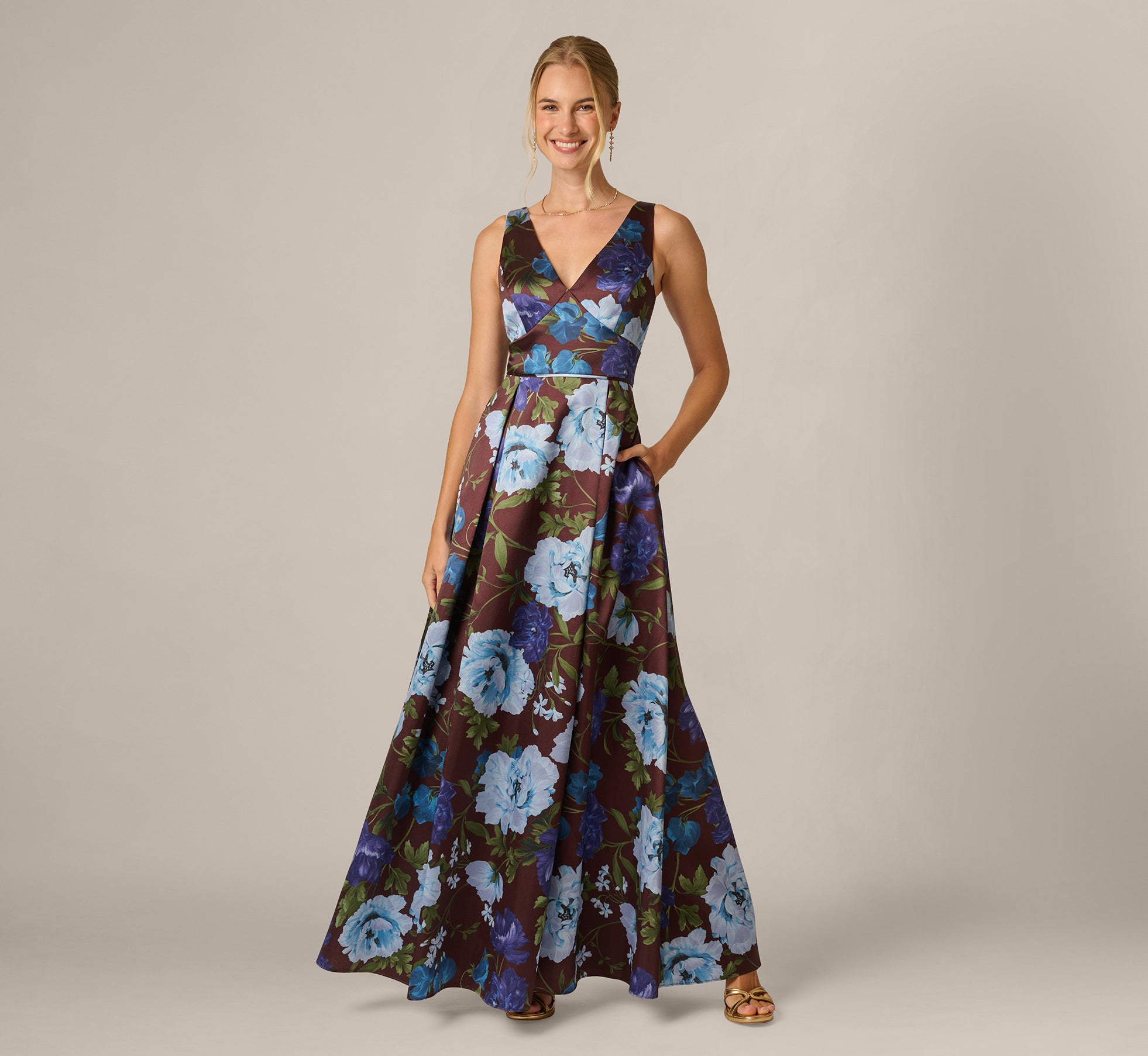 Garden Floral Printed V Neck Mikado Gown In Brown Multi 1