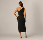One Shoulder Satin Pleated Flounce Ankle Length Dress In Black 5