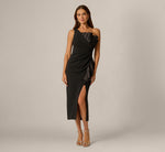 One Shoulder Satin Pleated Flounce Ankle Length Dress In Black 2