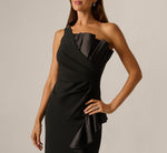 One Shoulder Satin Pleated Flounce Ankle Length Dress In Black 3