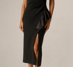 One Shoulder Satin Pleated Flounce Ankle Length Dress In Black 4