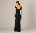 Cap Sleeve Bow Waist Deco Beaded Combo Gown In Black 5