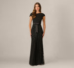 Cap Sleeve Bow Waist Deco Beaded Combo Gown In Black 2