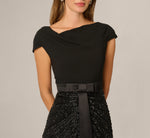 Cap Sleeve Bow Waist Deco Beaded Combo Gown In Black 3