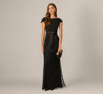 Cap Sleeve Bow Waist Deco Beaded Combo Gown In Black 1