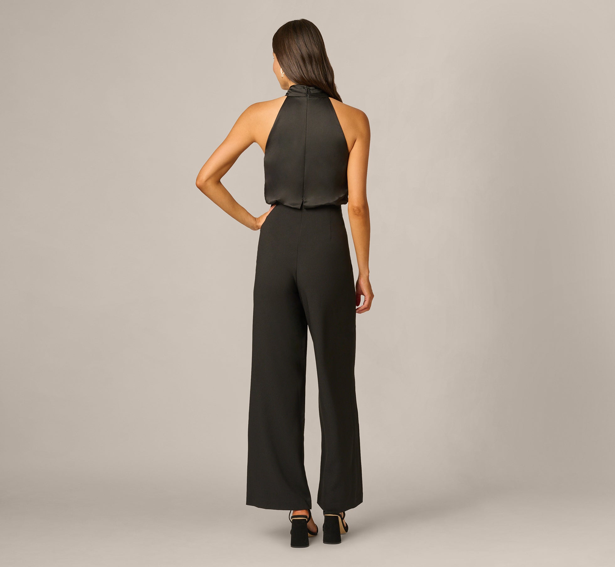 Black Satin Brooch Halter Combo Jumpsuit - Adrianna Papell