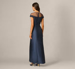 Cap Sleeve Illusion Pearly Beaded Mikado Gown In Midnight 5