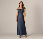 Cap Sleeve Illusion Pearly Beaded Mikado Gown In Midnight 2