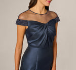 Cap Sleeve Illusion Pearly Beaded Mikado Gown In Midnight 4
