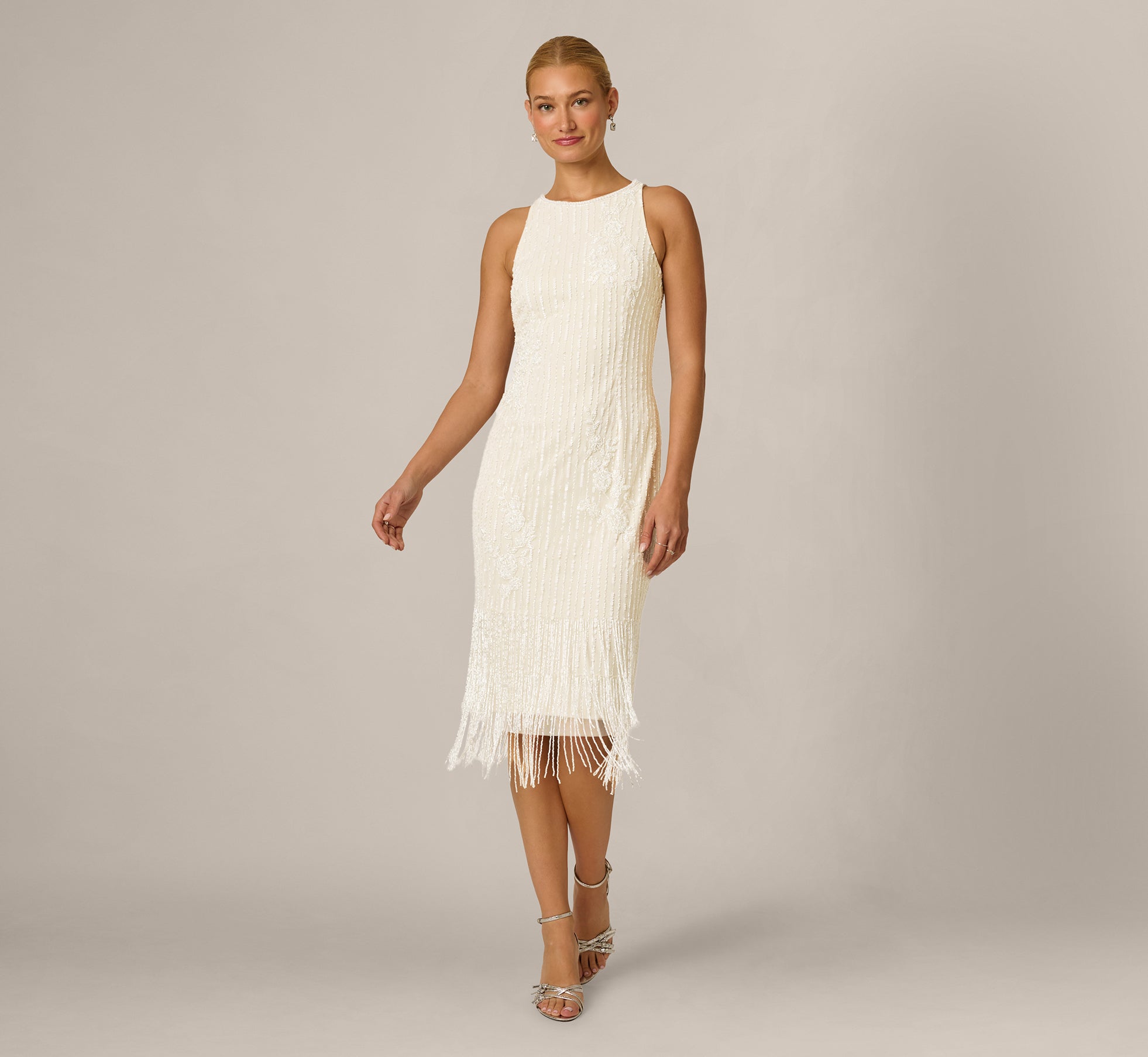 Linear Floral Beaded Fringe Hem Midi Dress In Ivory Pearl 1