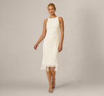 Linear Floral Beaded Fringe Hem Midi Dress In Ivory Pearl 1