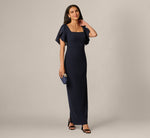 Split Sleeve Square Neck Column Gown In Midnight 1