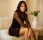 Long Sleeve Velvet Lace Sweetheart Illusion Cocktail Dress In Dark Brown 1