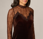 Long Sleeve Velvet Lace Sweetheart Illusion Cocktail Dress In Dark Brown 3