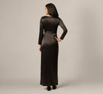 Long Sleeve Stretch Satin Beaded Drape Gown In Black 5