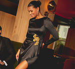 Long Sleeve Stretch Satin Beaded Drape Gown In Black 1