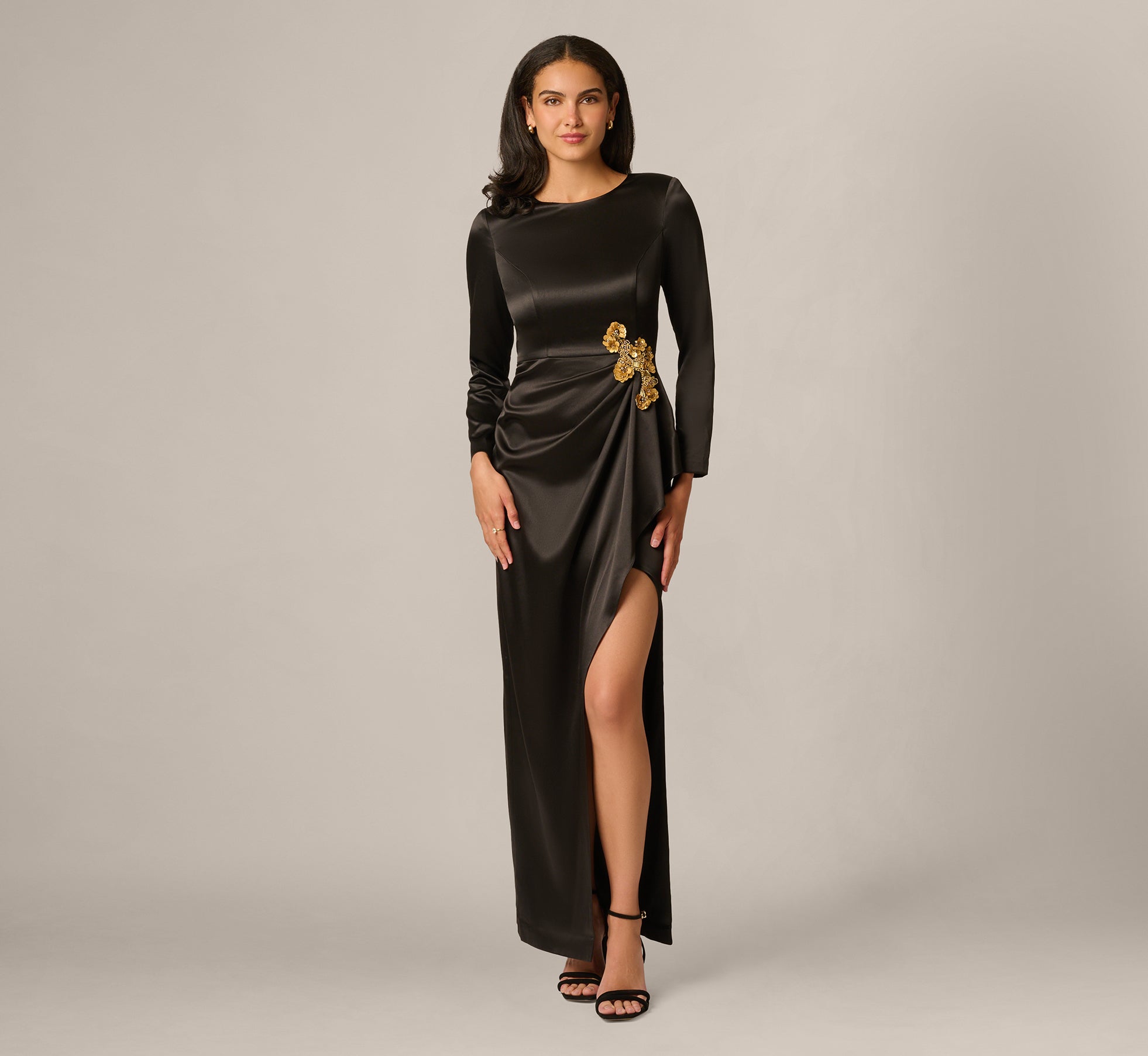 adrianna papell black dress Long Sleeve Stretch Satin Beaded Drape Gown In Black, / Regular / 0 Hidden back The Foolproof Way to Color:As Picture Navy strapless formal dress