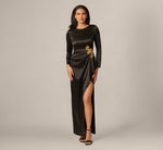 Long Sleeve Stretch Satin Beaded Drape Gown In Black 2