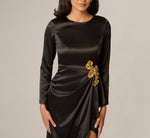 Long Sleeve Stretch Satin Beaded Drape Gown In Black 3