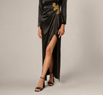 Long Sleeve Stretch Satin Beaded Drape Gown In Black 4