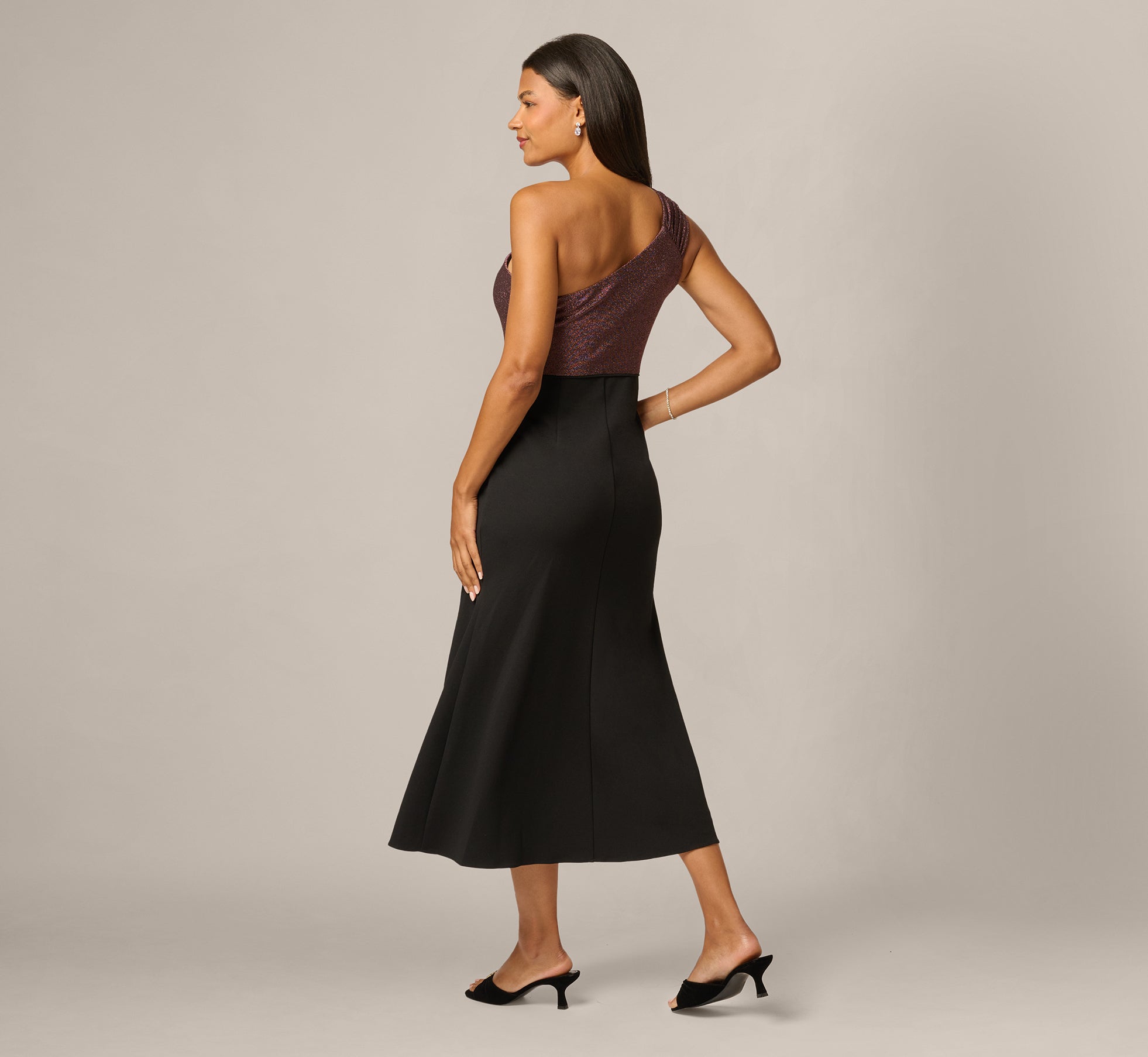 One Shoulder Shimmer Knit Combo Ankle Length Dress In Chocolate Black, Chocolate/Black / Regular / 4