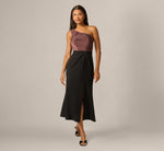 One Shoulder Shimmer Knit Combo Ankle Length Dress In Chocolate Black 2