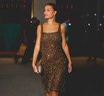 Square Neck Sequin Beaded Fringe Cocktail Dress In Chocolate 1