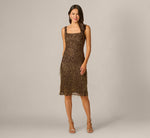 Square Neck Sequin Beaded Fringe Cocktail Dress In Chocolate 2