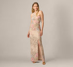One Shoulder Floral Matelasse Column Gown In Blush Multi 2