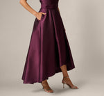 Beaded Collar Mikado Fit And Flare High Low Gown In Pinot Noir 4