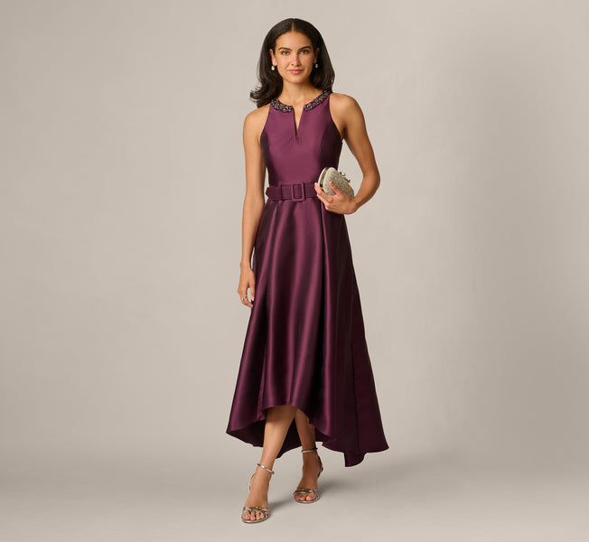 Beaded Collar Mikado Fit And Flare High Low Gown In Pinot Noir, Pinot Noir / Regular / 16