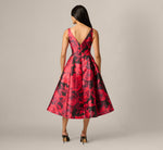 Ikat Rose Print Mikado Fit And Flare Midi Dress In Red Black Multi 5