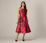 Ikat Rose Print Mikado Fit And Flare Midi Dress In Red Black Multi 2