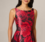 Ikat Rose Print Mikado Fit And Flare Midi Dress In Red Black Multi 3