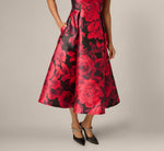 Ikat Rose Print Mikado Fit And Flare Midi Dress In Red Black Multi 4