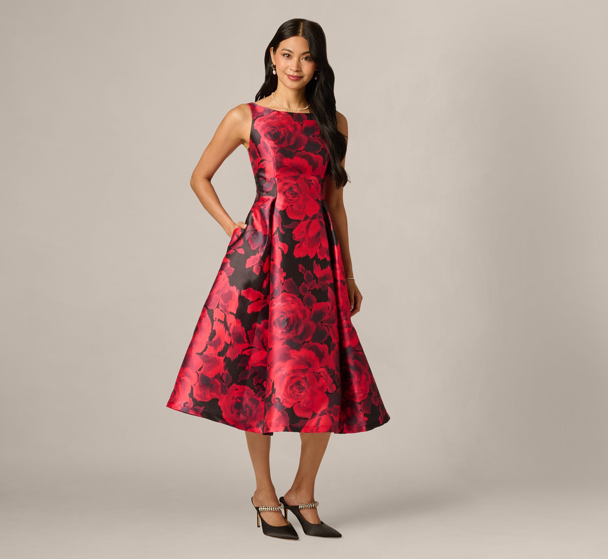 Ikat Rose Print Mikado Fit And Flare Midi Dress In Red Black Multi 1
