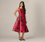 Ikat Rose Print Mikado Fit And Flare Midi Dress In Red Black Multi 1
