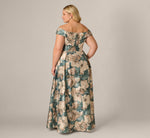 Plus Size Off Shoulder Metallic Floral Jacquard Ballgown In Sage Multi 5