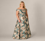 Plus Size Off Shoulder Metallic Floral Jacquard Ballgown In Sage Multi 2