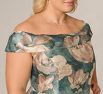 Plus Size Off Shoulder Metallic Floral Jacquard Ballgown In Sage Multi 3