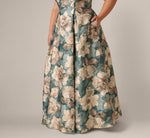 Plus Size Off Shoulder Metallic Floral Jacquard Ballgown In Sage Multi 4