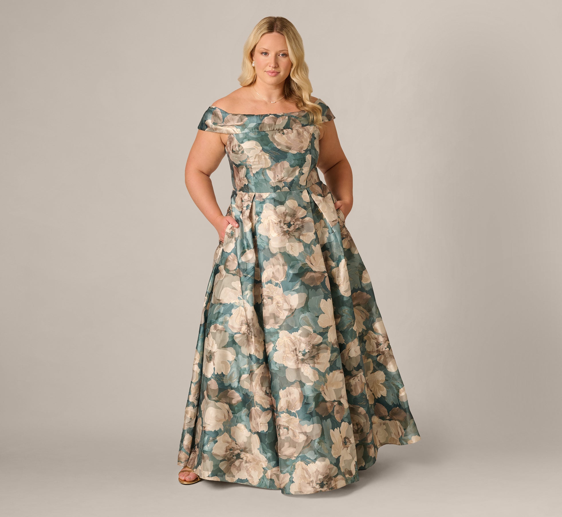 Plus Size Off Shoulder Metallic Floral Jacquard Ballgown In Sage Multi 1