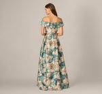 Off Shoulder Metallic Floral Jacquard Ballgown In Sage Multi 5