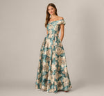 Off Shoulder Metallic Floral Jacquard Ballgown In Sage Multi 2