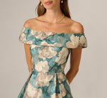 Off Shoulder Metallic Floral Jacquard Ballgown In Sage Multi 3