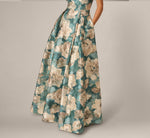 Off Shoulder Metallic Floral Jacquard Ballgown In Sage Multi 4