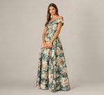 Off Shoulder Metallic Floral Jacquard Ballgown In Sage Multi 1