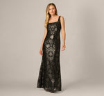 Metallic Baroque Scroll Velvet Burnout Gown In Black Gold 2